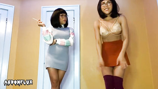 Nerdy Japanese women, Velma and Dr. Fujita are posing and taunting in front of the camera