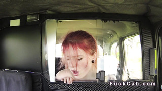 Slender pallid red-haired ravages hefty spear in taxi