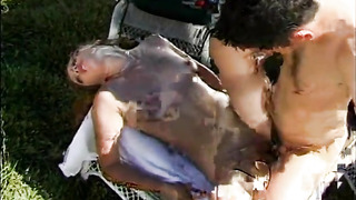 Pretty babe with red hair was penetrated in the chaise longue