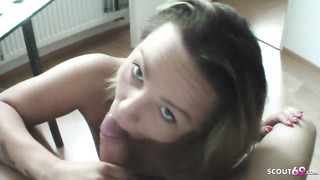 Messy minded blondie is providing a deep, messy blowage to her step- stepbro, just for joy