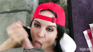 Buxom delivery damsel is getting on all fours on the floor and deep-throating pink cigar before and after getting banged