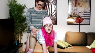 Rosy haired school female is screaming while getting pounded from the back, because it perceives supreme